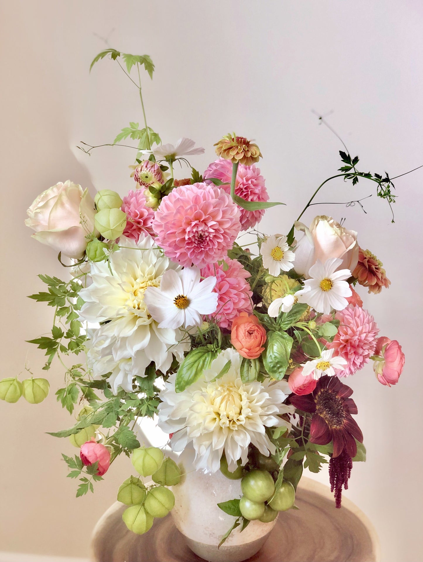 artistically designed white and pink flower arrangement for delivery