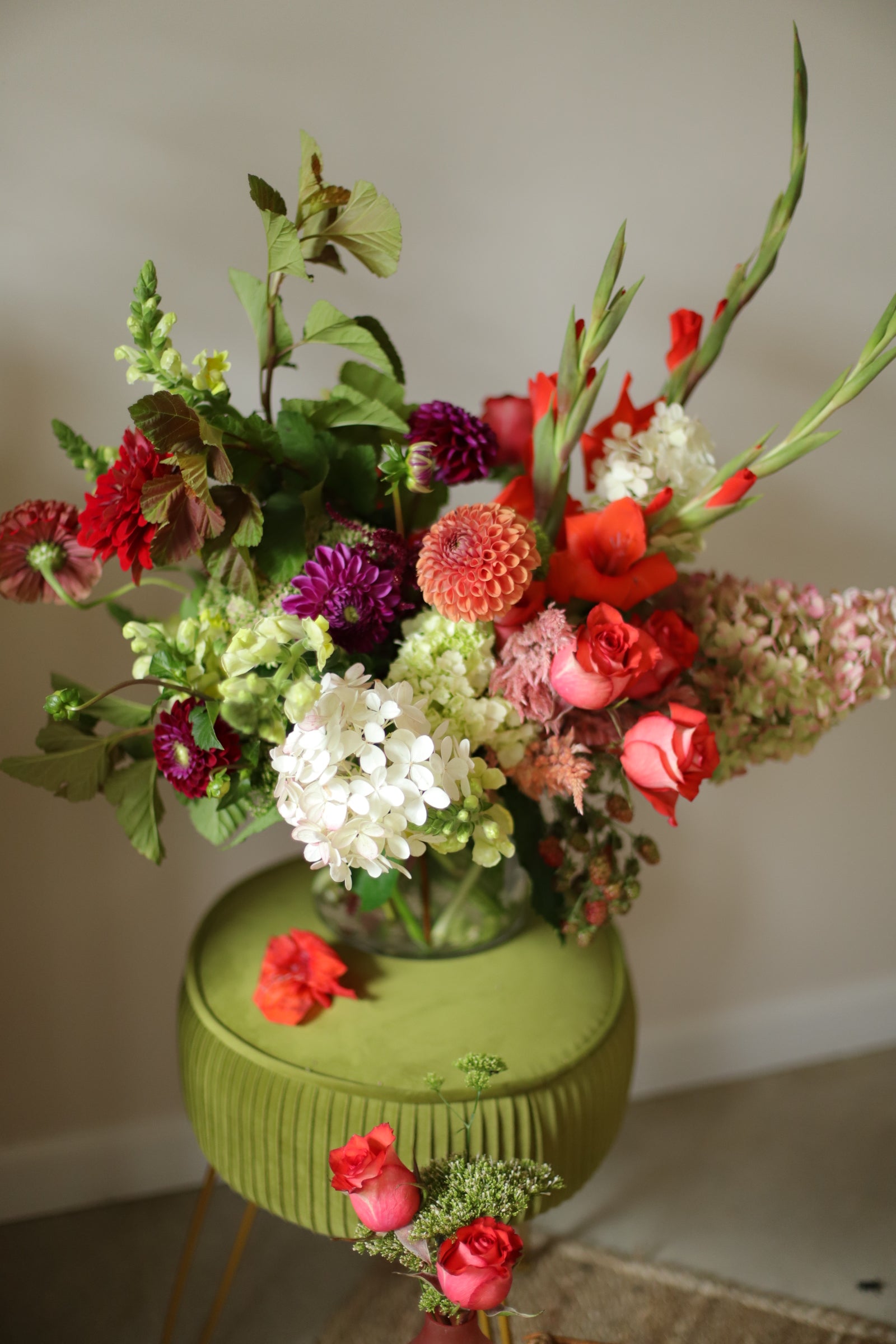 summer flower arrangement for delivery includes dahlias, hydrangeas, zinnias, and gladiolus